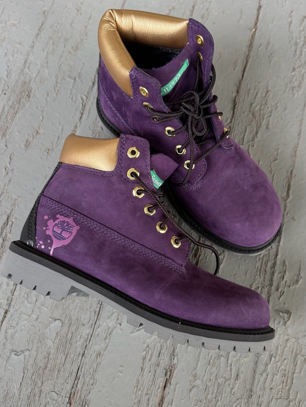 New Timberland 6-Inch Premium Waterproof Boots Purple Gold Youth Size 3 (EU 35
